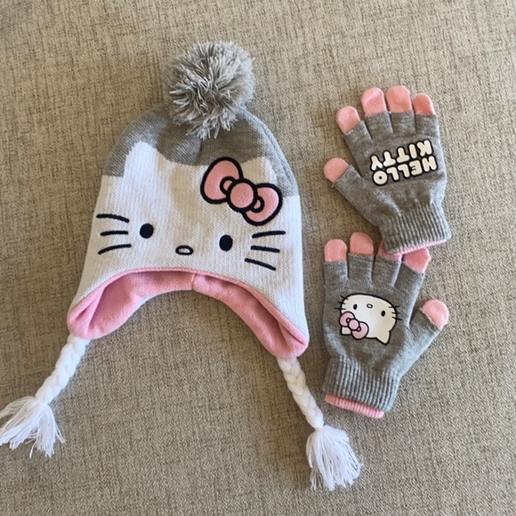 🪞 hello kitty fleece lined pink beanie glove Sanrio set